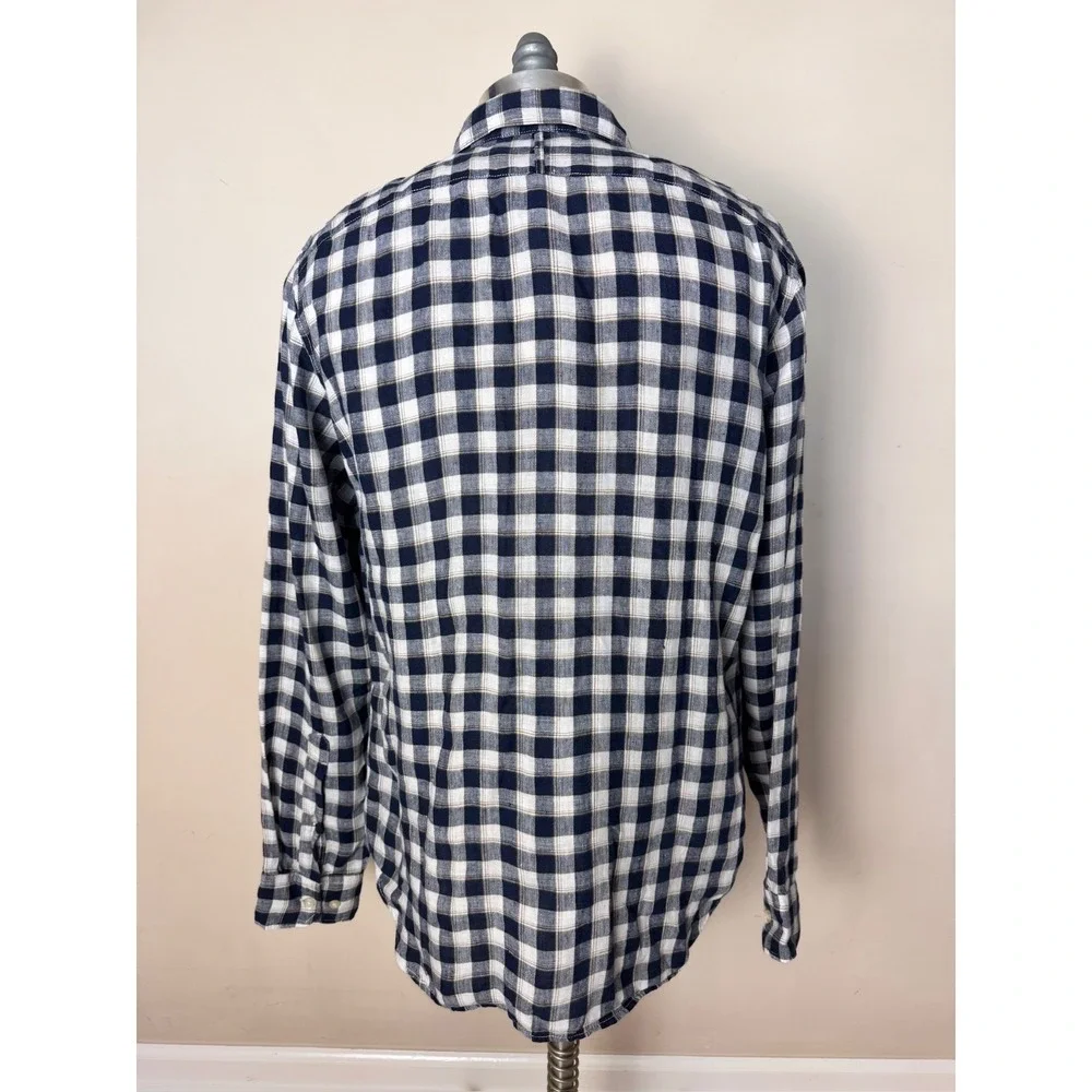 Banana Republic Button Up Shirt Mens M Camden Fit Blue‎ Plaid 100% Linen